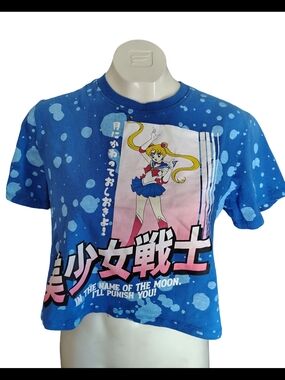 Sailor Moon Graphic Cropped Tee - Bright Blue with Pink Panel
